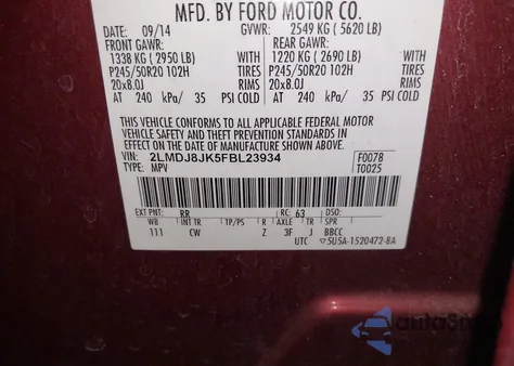 2015 Lincoln Mkx from USA, damaged, VIN 2LMDJ8JK5FBL23934